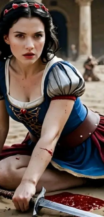 Warrior princess in a battle scene with sword and blood.