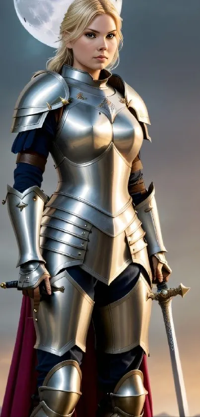 Warrior princess in silver armor under a full moon.