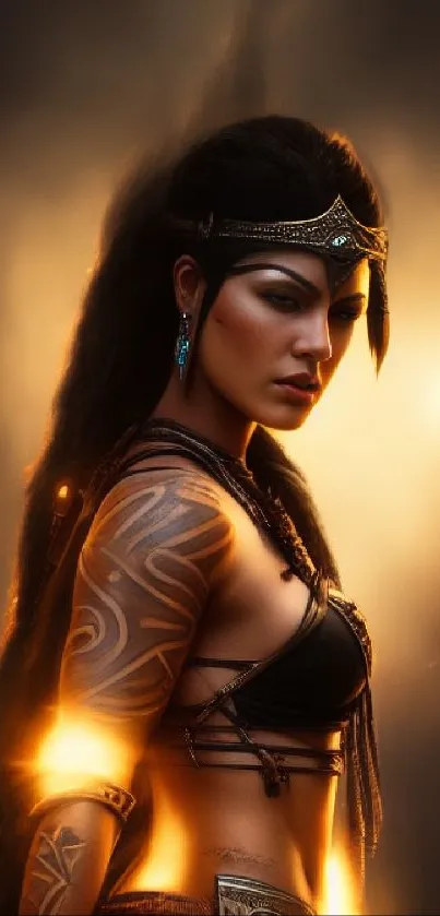 Warrior princess with golden aura and tattoos in ethereal setting.