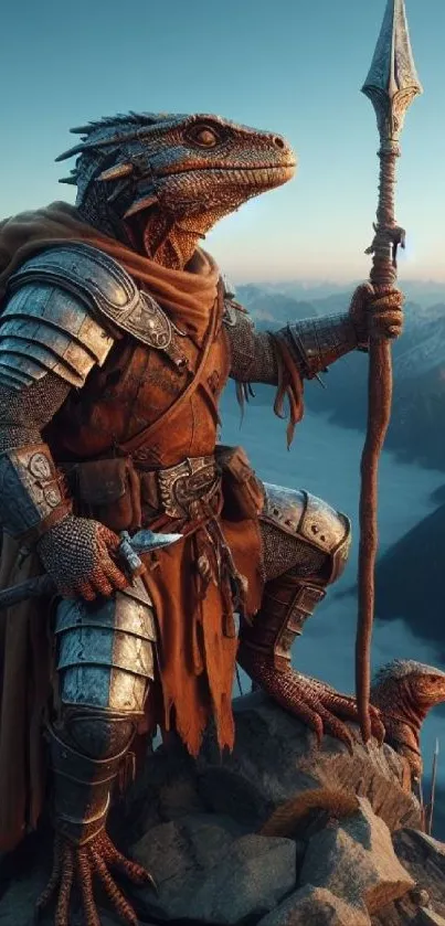 Armored reptile warrior on mountain peak.