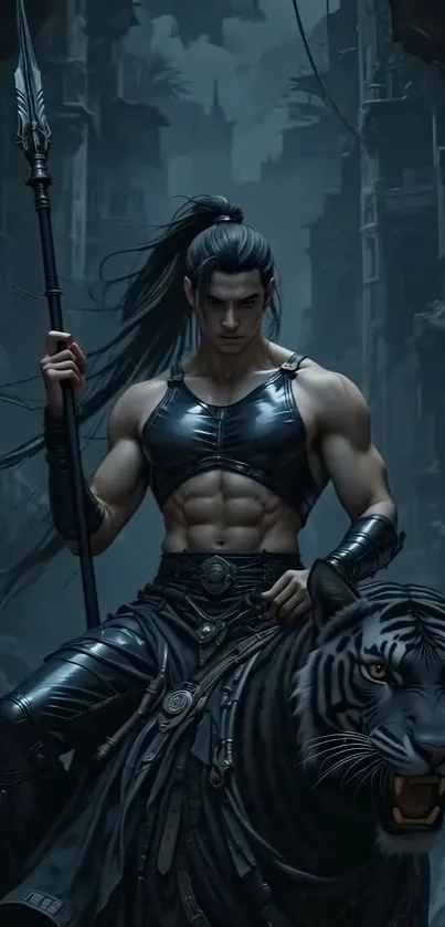 Fantasy warrior on tiger in urban setting.
