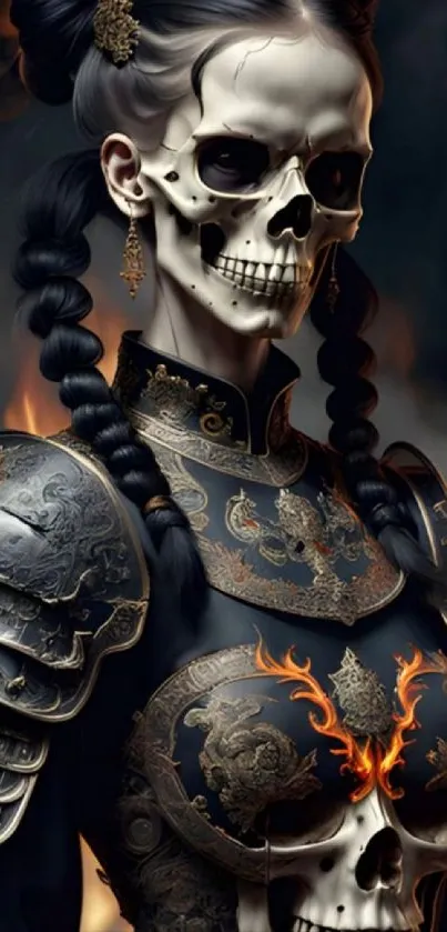 Skeleton warrior in ornate armor with flames in a dark fantasy setting.