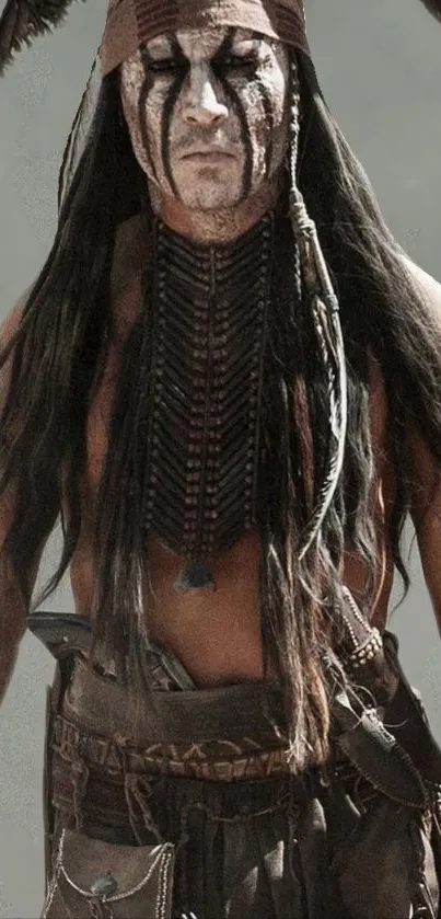 Tribal warrior with traditional attire and facial paint in earthy tones.