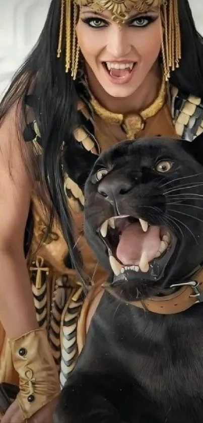 Fierce warrior woman with roaring black panther in vivid mobile wallpaper.