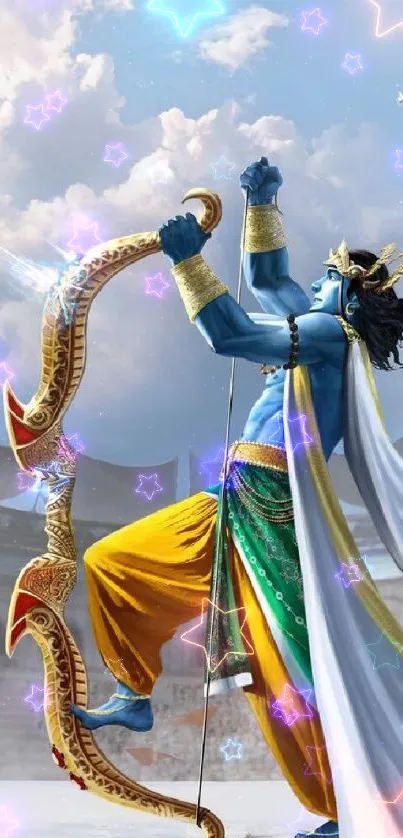 Warrior holding a golden bow in a large arena under a bright blue sky.