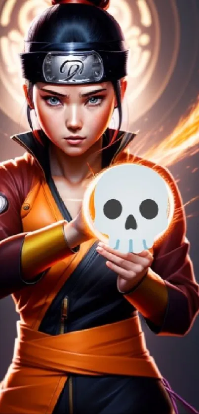 Dynamic female warrior holding a fiery skull with glowing flames in dark tones.