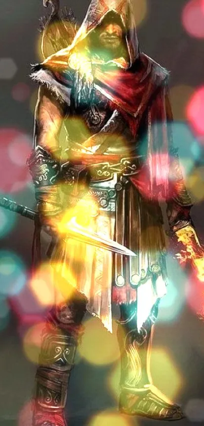 Fantasy warrior with flaming sword mobile wallpaper.