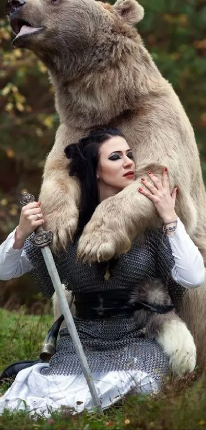 Medieval warrior woman embraced by a bear in a forest setting.