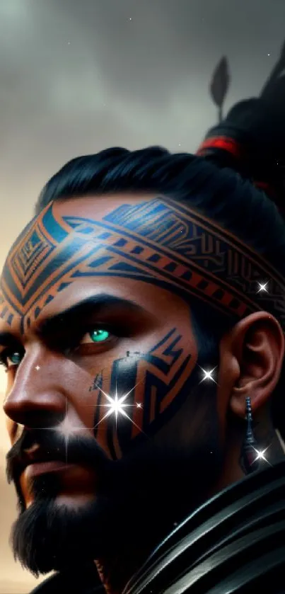 Warrior with tribal tattoos and piercing gaze.