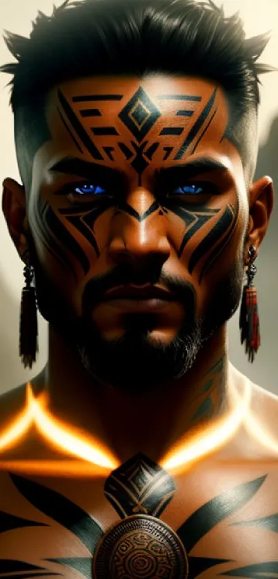 Warrior with tribal tattoos and blue eyes in digital art wallpaper.