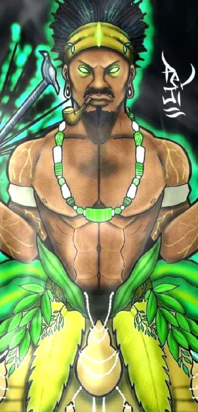 Warrior with green aura and tribal design.