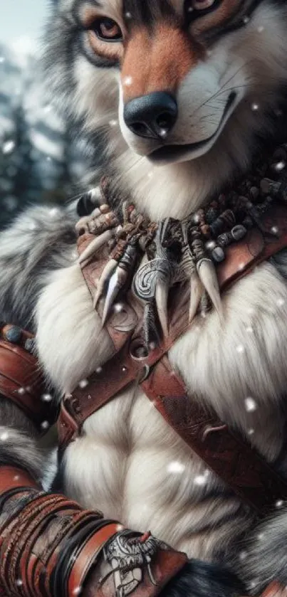 Warrior wolf in leather armor with snowy forest backdrop.