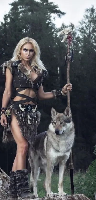 Warrior woman standing with wolf in dark forest.