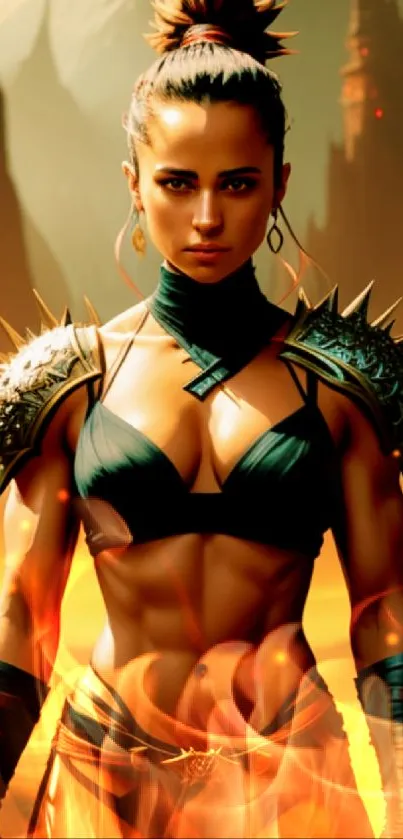 Fantasy artwork of a powerful warrior woman with a fiery backdrop scene.