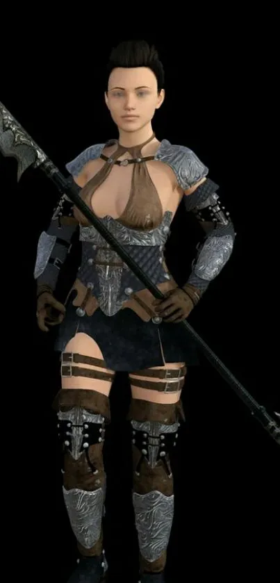 Fantasy warrior woman in detailed armor holding a spear on a black background.