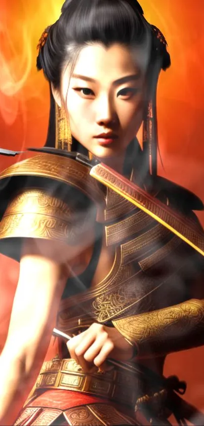 Warrior woman in detailed golden armor with fiery orange smoke background.