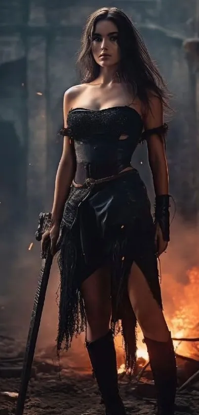 Warrior woman stands strong in a fiery, dramatic setting.