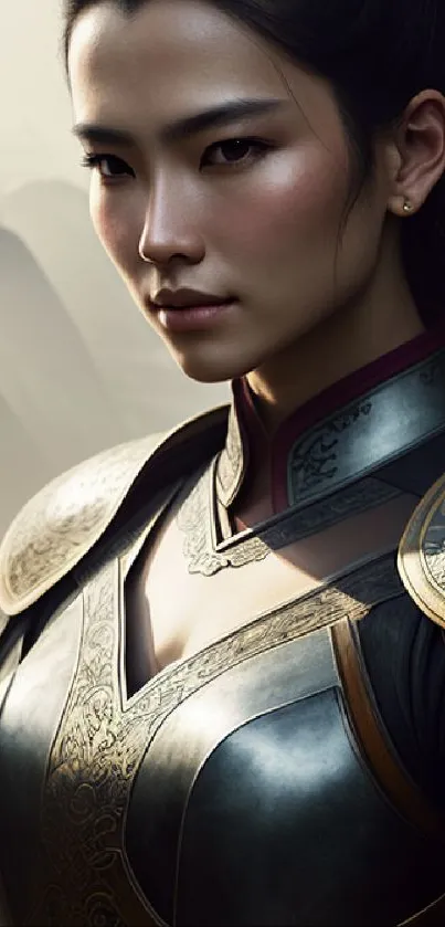 Mobile wallpaper of a warrior woman in traditional armor with a serene background.