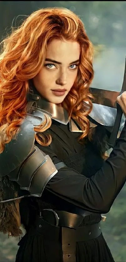 Fierce female warrior with red hair holding a sword in a forest setting.