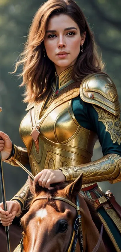 A female warrior in gold armor on horseback, set against a forest background.