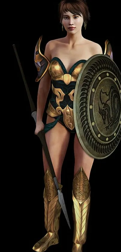 Warrior woman in armor with spear and shield on a black background.