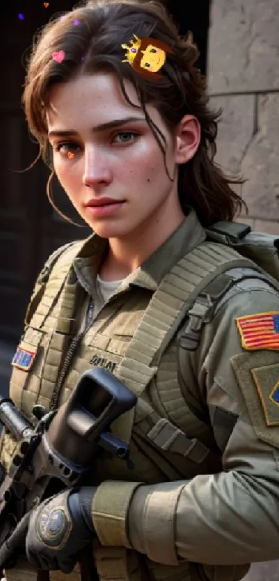 Portrait of a woman in tactical gear against a stone backdrop.