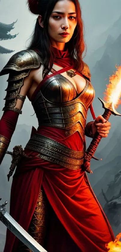 Warrior woman with flaming sword in a mystical mountain setting.