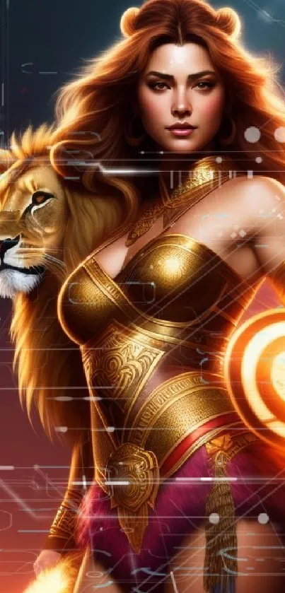 Fantasy warrior woman with lion and glowing armor on mobile wallpaper.