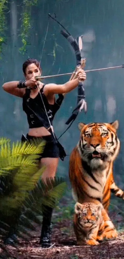 Woman archer with tigers in jungle setting.