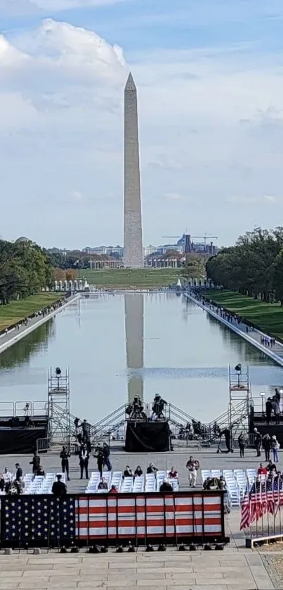 Washington Monument reflecting in the pool under a blue sky.