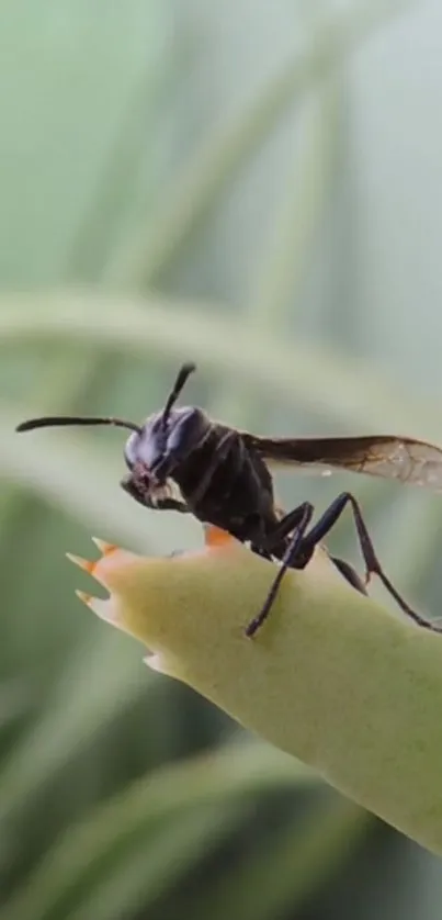 A wasp perched on a green plant, highlighting nature's beauty.