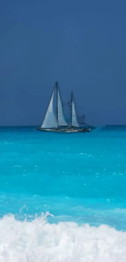 Sailboat on turquoise ocean with blue sky