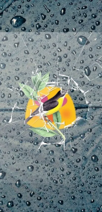 Cracked screen emoji with water droplets on dark background.