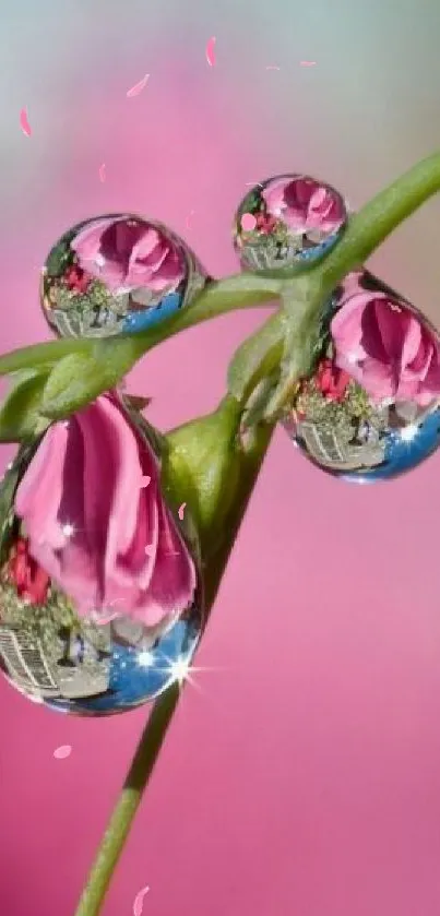 Water droplets reflecting on green leaves with a pink floral background.