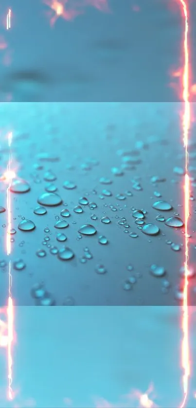 Vibrant neon wallpaper with water droplets on an aqua blue background.