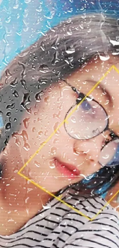 Portrait with water droplets and yellow geometric design.