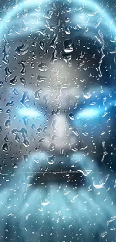 Futuristic sci-fi face behind wet glass with glowing blue features.