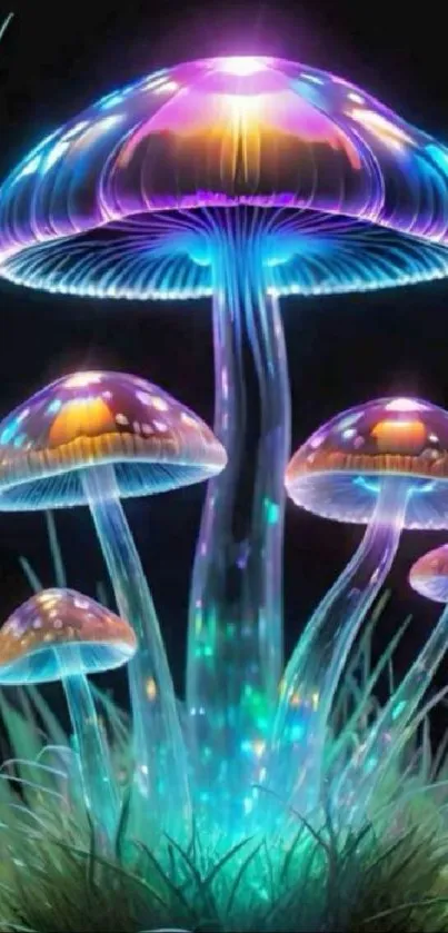 Vibrant neon mushrooms glowing in darkness.