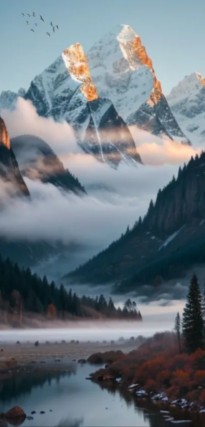 Snow-capped mountain and river scene with morning mist and serene atmosphere.