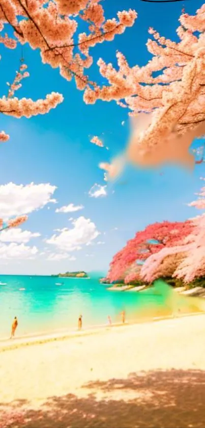 Serene beach with cherry blossoms and blue sky.