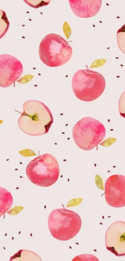 Watercolor apple pattern on soft pink background with green leaves.