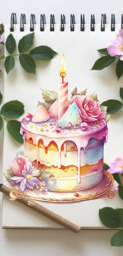 Watercolor cake on notepad with flowers, artistic mobile wallpaper.