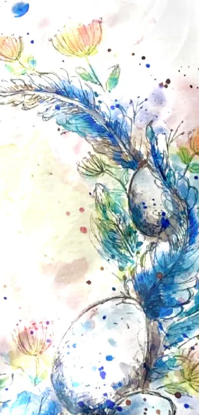 Watercolor floral art with blue feathers and vibrant pastels.