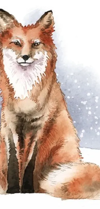 Watercolor illustration of a fox sitting in a snowy landscape.