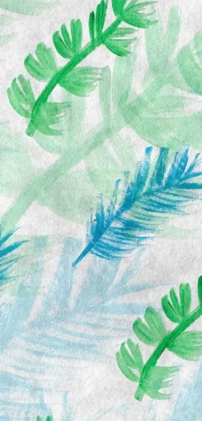 Mobile wallpaper with watercolor leaves in green and blue tones.