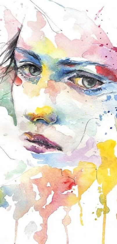 Vibrant watercolor painting of a face with colorful splashes.