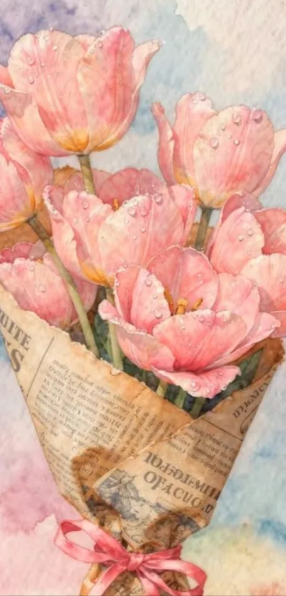 Watercolor artwork of pink tulip bouquet with newspaper wrap.
