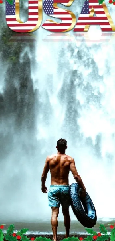 Man with a tube gazing at a waterfall, surrounded by lush nature.