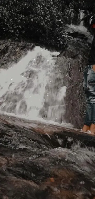 Person standing by waterfall with lush background.