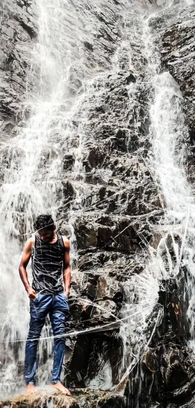 Man standing near a large rocky waterfall displaying natural beauty.